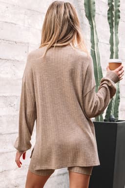 image-Dark Khaki Ribbed Balloon Sleeve Pullover Top and Biker Knitted Short Set