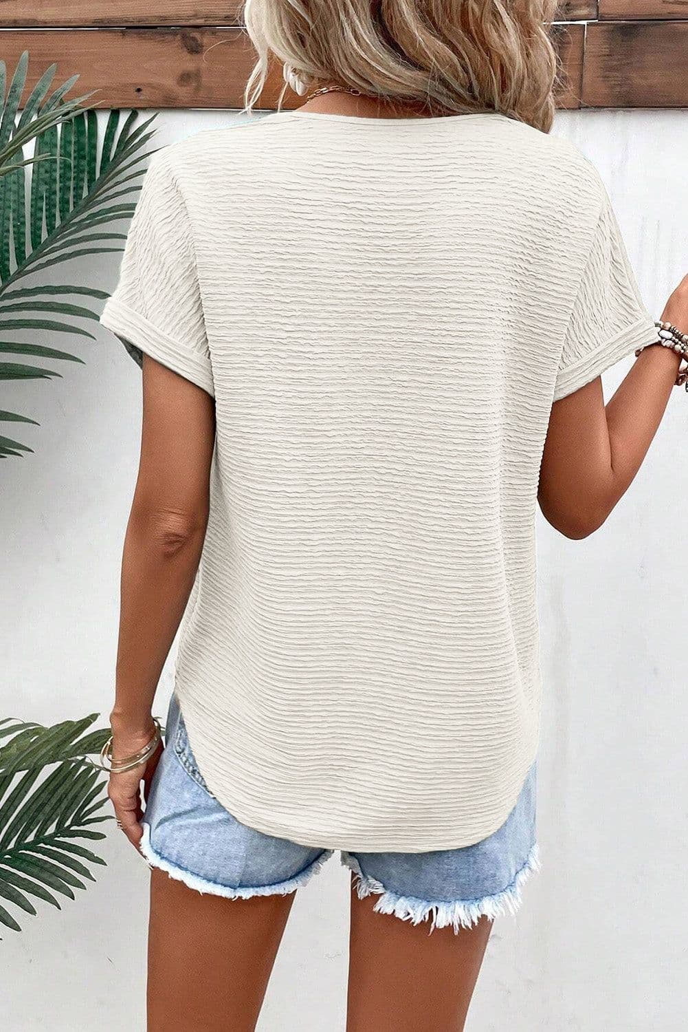 image-Khaki Textured Wide Sleeve V Neck T Shirt