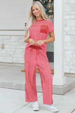 image-Khaki Stripe Crew Neck Tee Drawstring Waist Cropped Pants Set