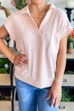 image-Light Pink Collared V Neck Ribbed Tee