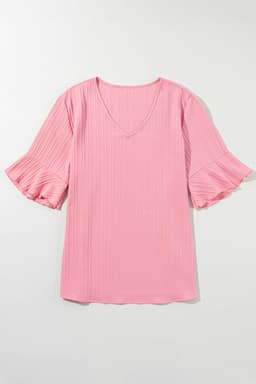 image-Peach Blossom Ruffled V Neck Textured Plus Size Top