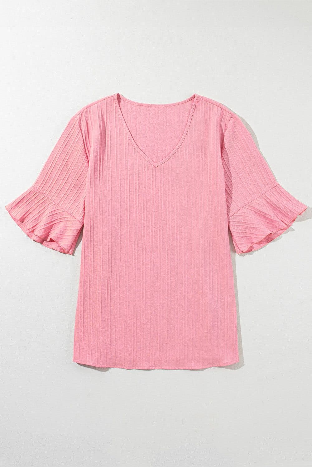 image-Peach Blossom Ruffled V Neck Textured Plus Size Top