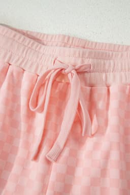 image-Pink Checkerboard Long Sleeve Pullover and Shorts Set