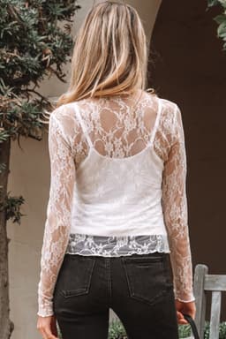 image-White Sheer Lace Mesh Long Sleeve Top - Slim Fit (65 characters)