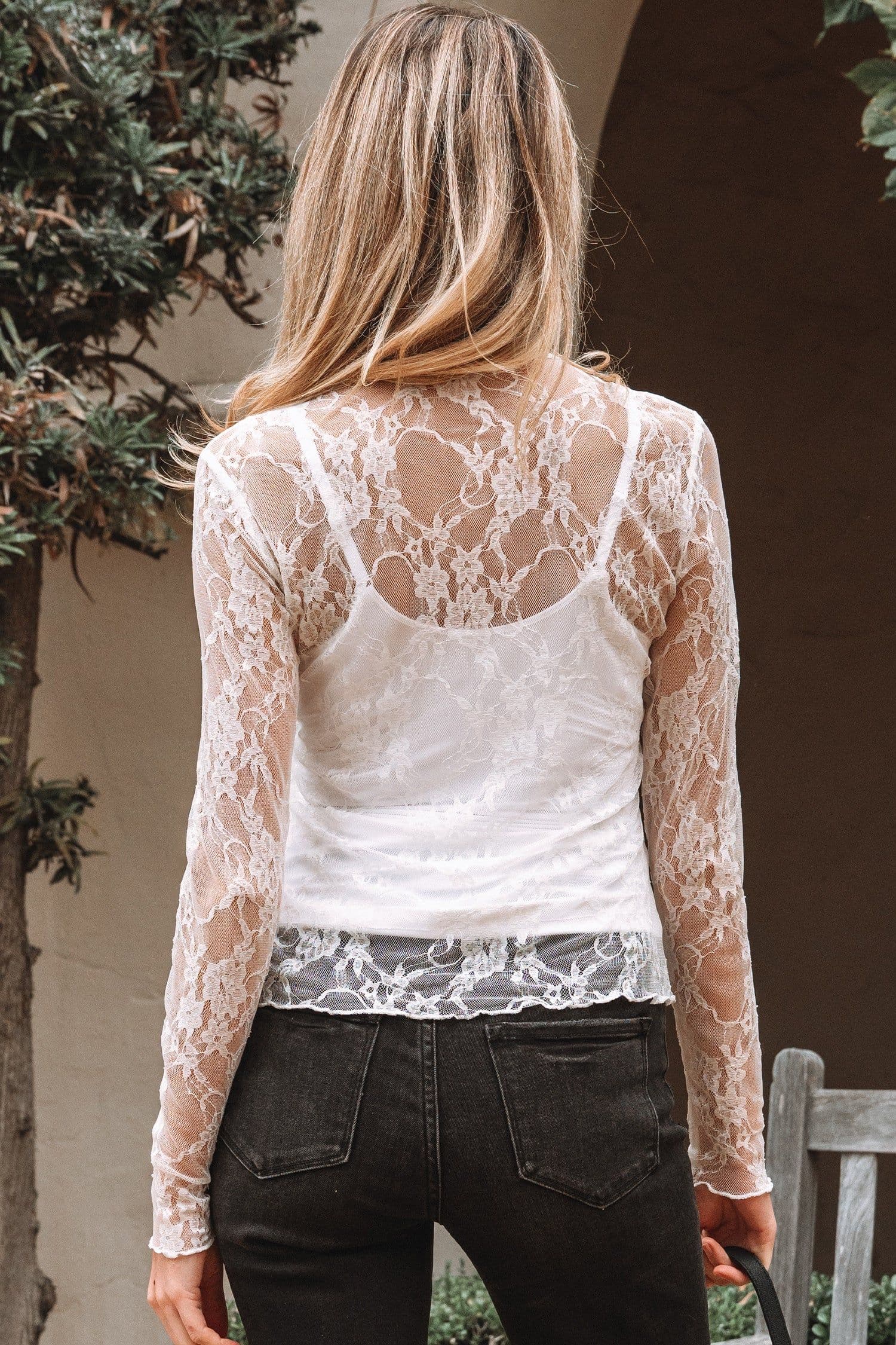 image-White Sheer Lace Mesh Long Sleeve Top - Slim Fit (65 characters)