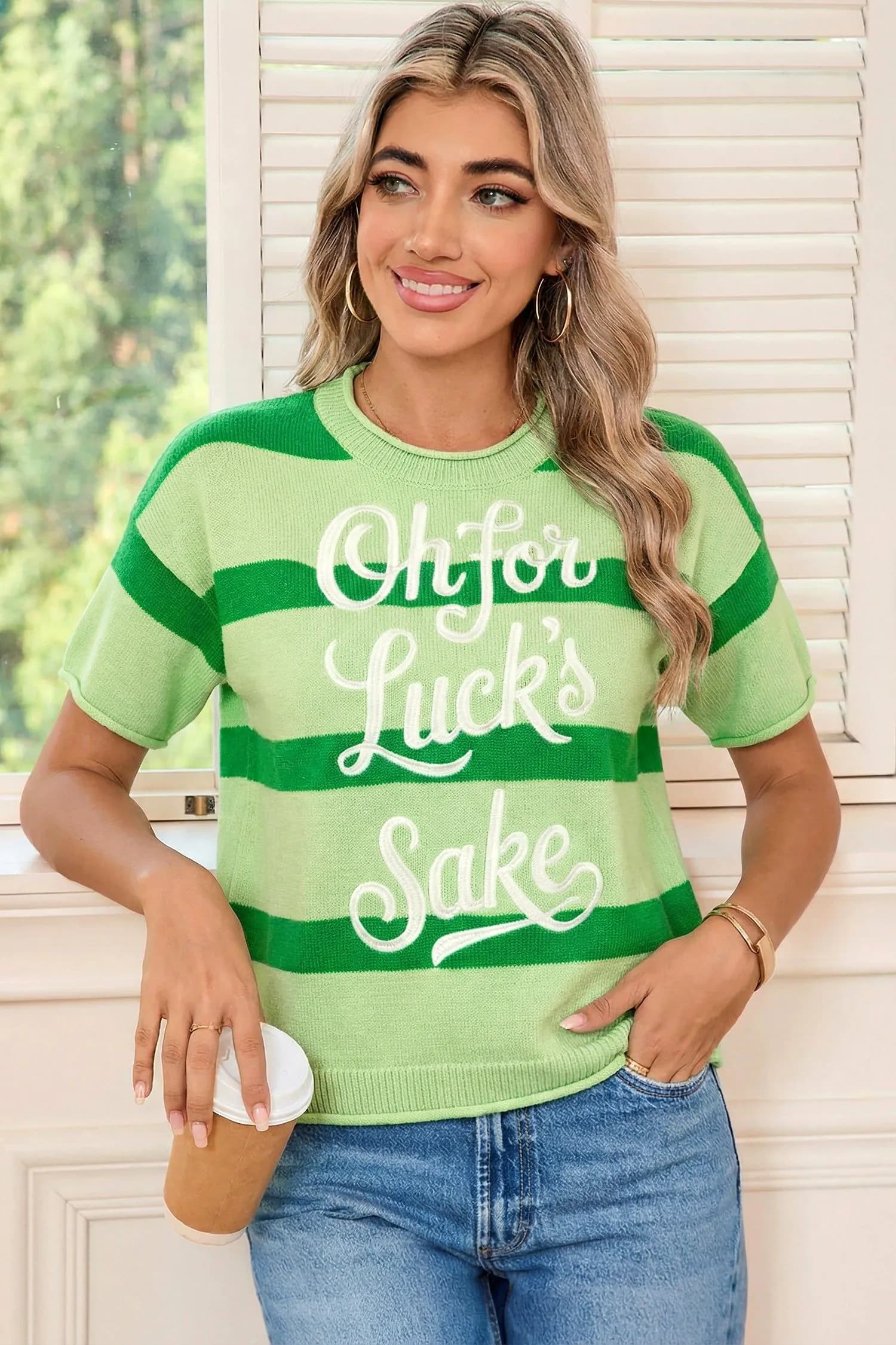 image-Green Stripe Oh for Lucks Sake St Patricks Day Short Sleeve Sweater