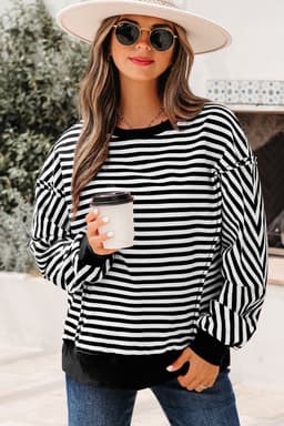 image-Black Stripe Exposed Seam Drop Shoulder Casual Pullover Top