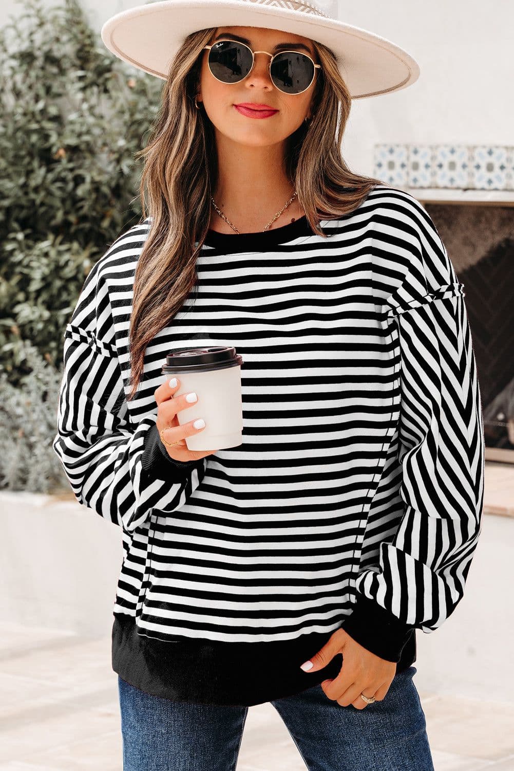 image-Black Stripe Exposed Seam Drop Shoulder Casual Pullover Top