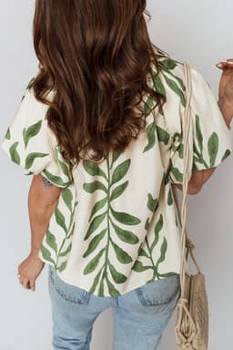 image-Green Leaf Print Short Balloon Sleeve Shirt