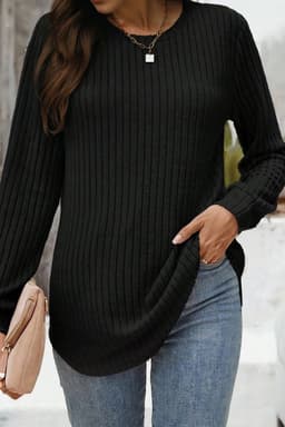 image-White Ribbed Knit Top - Long Sleeve Round Neck