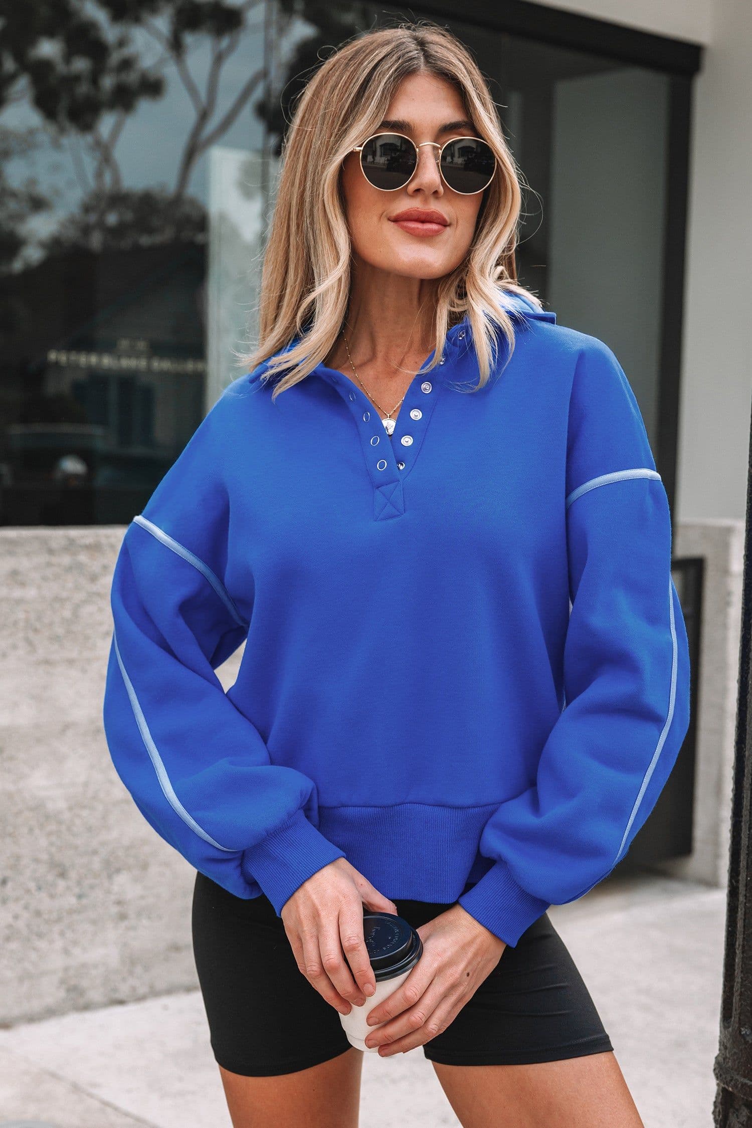 image-Sky Blue Button Up Sweatshirt - Exposed Seam