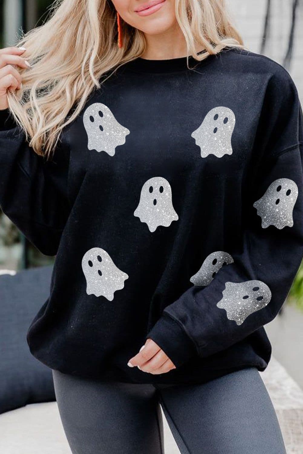 image-Black Glitter Ghost Pattern Crew Neck Halloween Sweatshirt