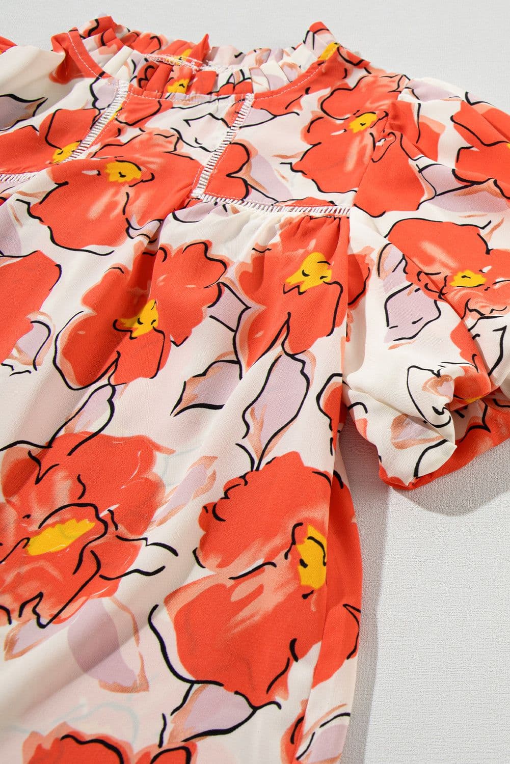 image-Orange Floral Bubble Sleeve Frill Neck Loose Blouse