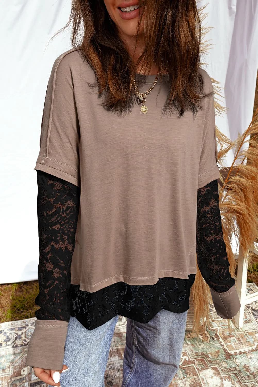image-Light French Beige Sheer Lace Long Sleeve Tee