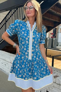 image-Blue Striped Trim Floral Dress Short Sleeve
