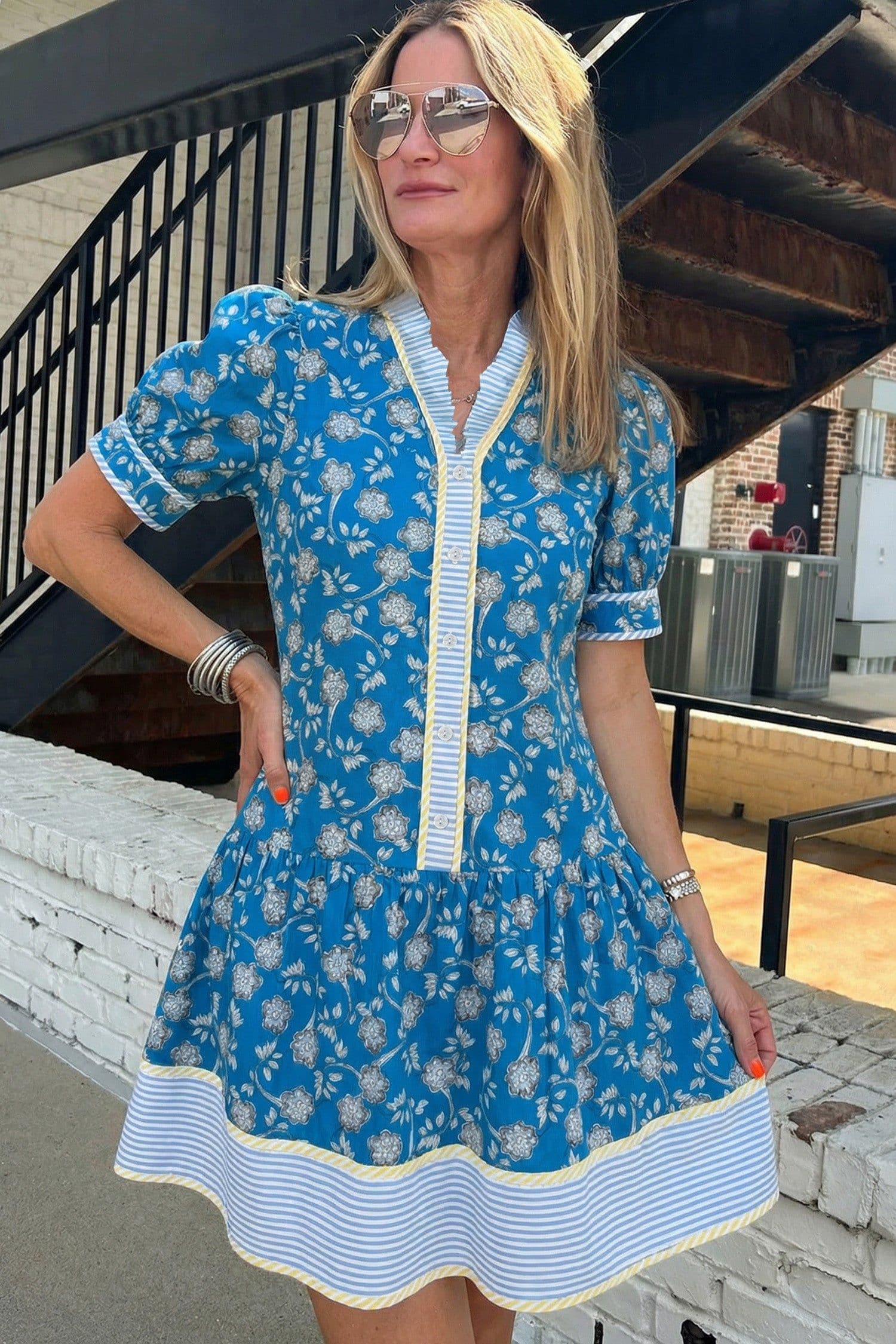image-Blue Striped Trim Floral Dress Short Sleeve