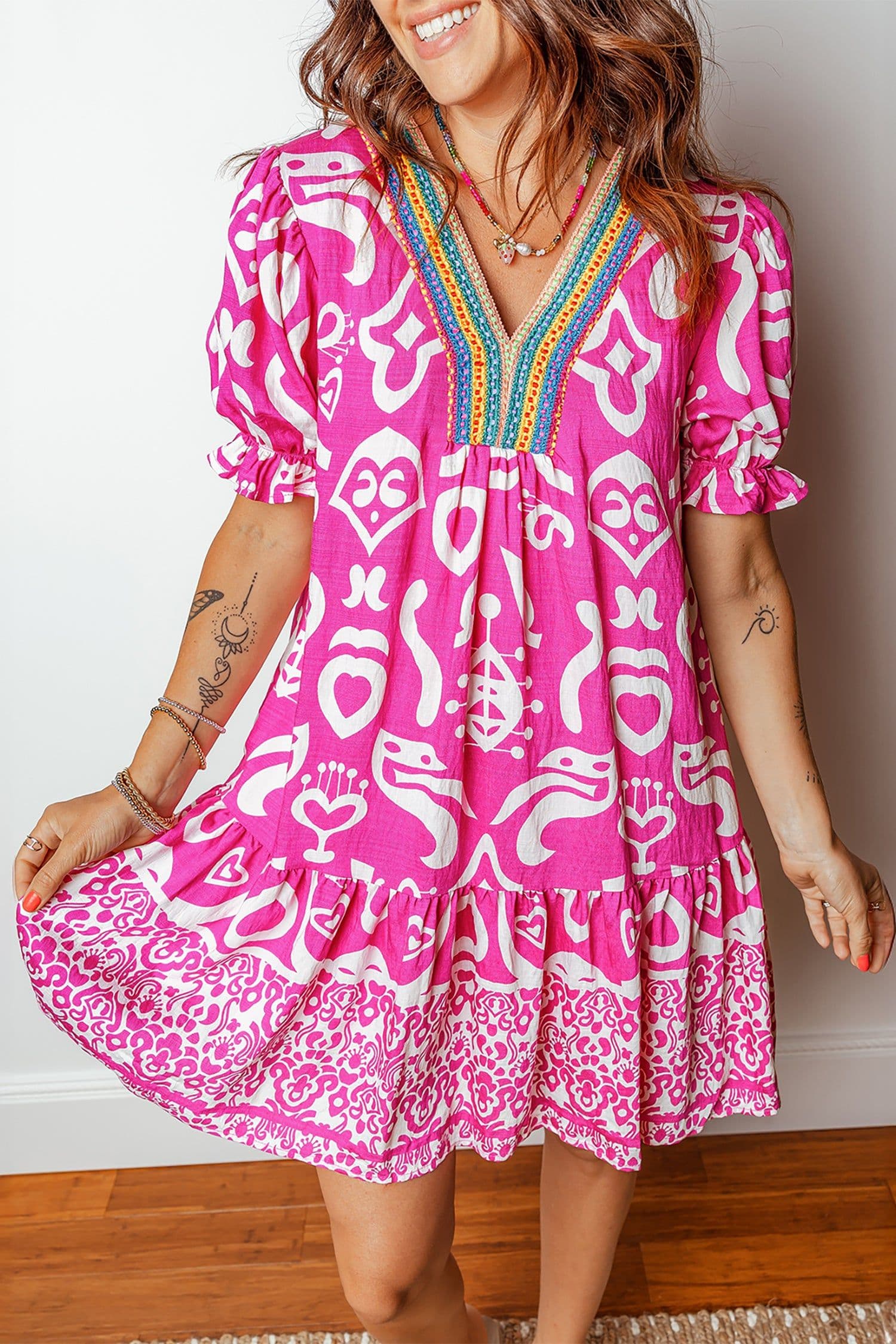 image-Boho Mixed Print V Neck Flared Dress - Short Sleeve - Contrast Trim
