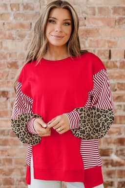 image-Fiery Red Striped Patchwork Sweatshirt