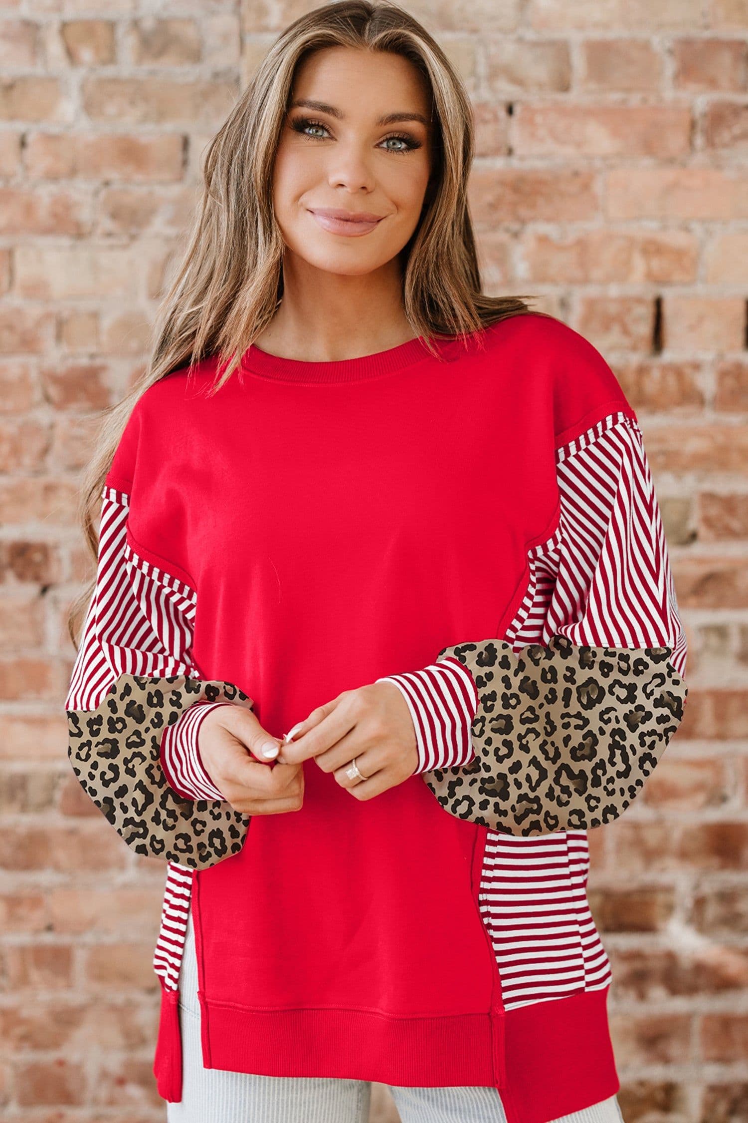 image-Fiery Red Striped Patchwork Sweatshirt