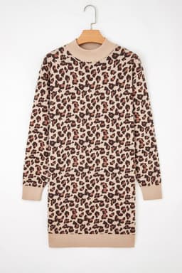 image-Khaki Leopard Print High Neck Shift Mini Dress