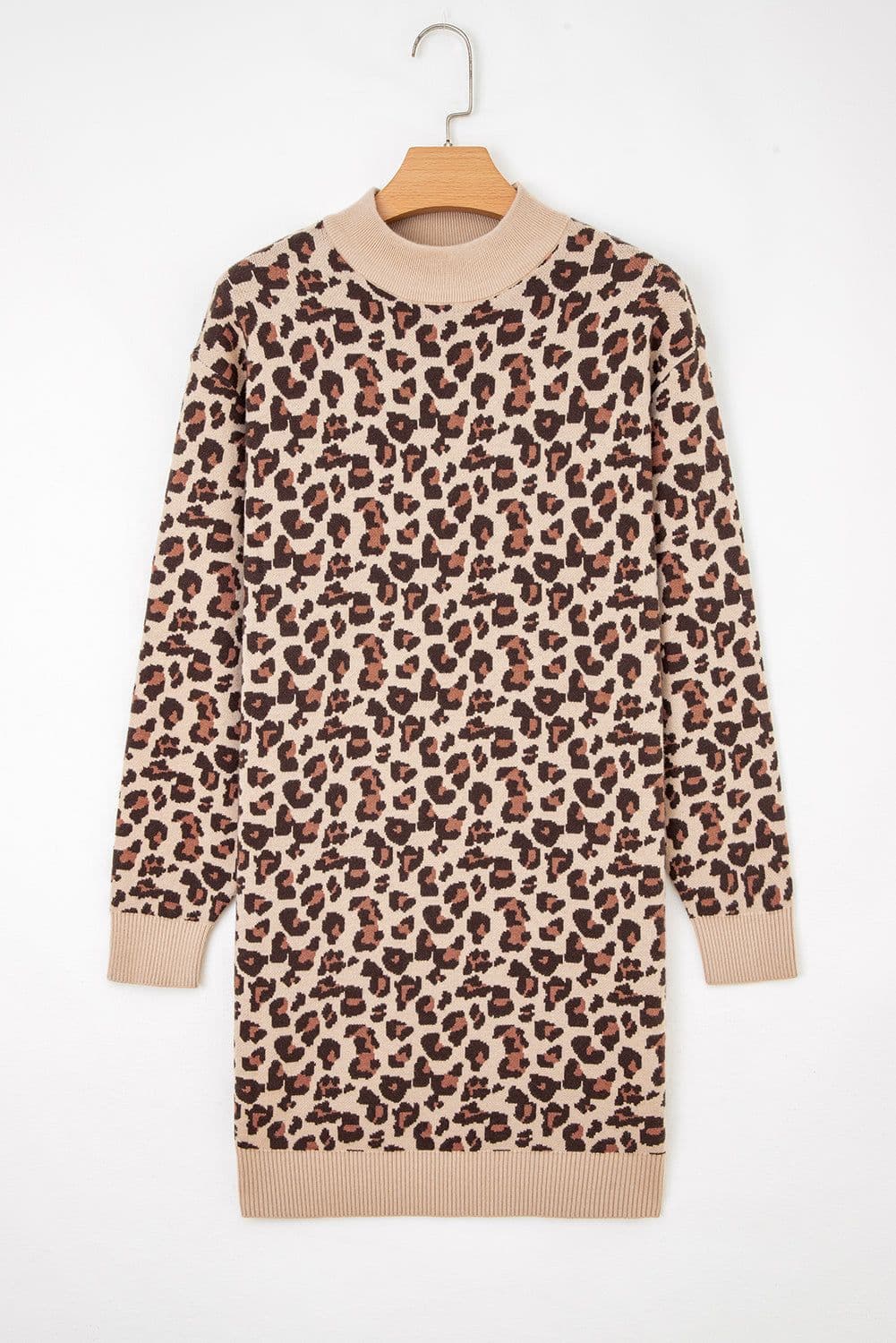 image-Khaki Leopard Print High Neck Shift Mini Dress