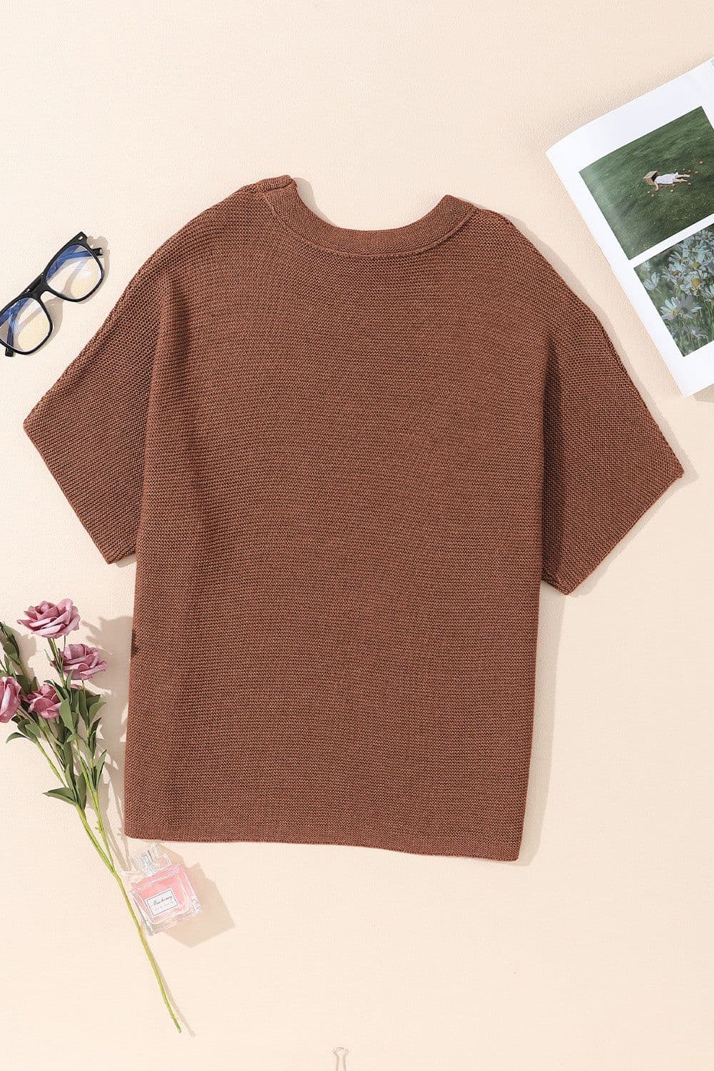 image-High Neck Bat Sleeve Sweater - Short Sleeve, Elegant, Loose Fit