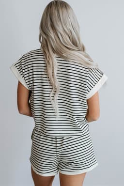 image-White Stripe Contrast Edge Tee & Shorts Set - Casual Two-Piece Outfit