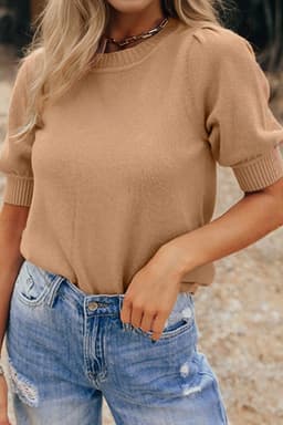 image-Light French Beige Knit Sweater - Short Puff Sleeve