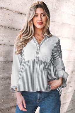 image-Gray Stripe Half Button Gauze Patchwork Bracelet Blouse