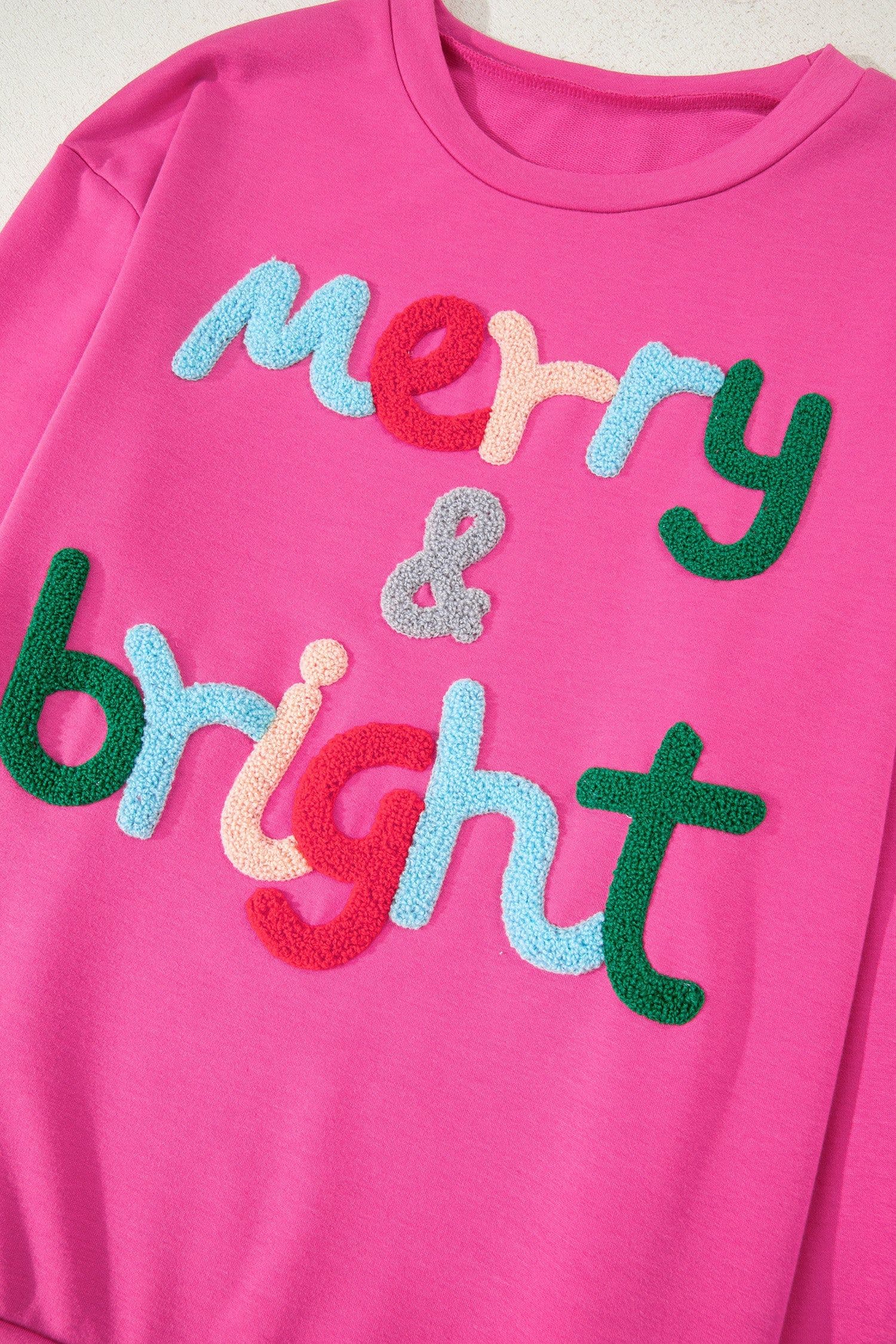 image-Rose Red Merry & Bright Christmas Letter Graphic Sweatshirt