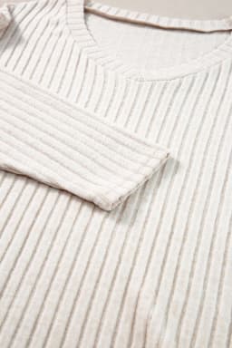 image-Ribbed Knit V Neck Slouchy Two-Piece Outfit - Khaki Modern Chic