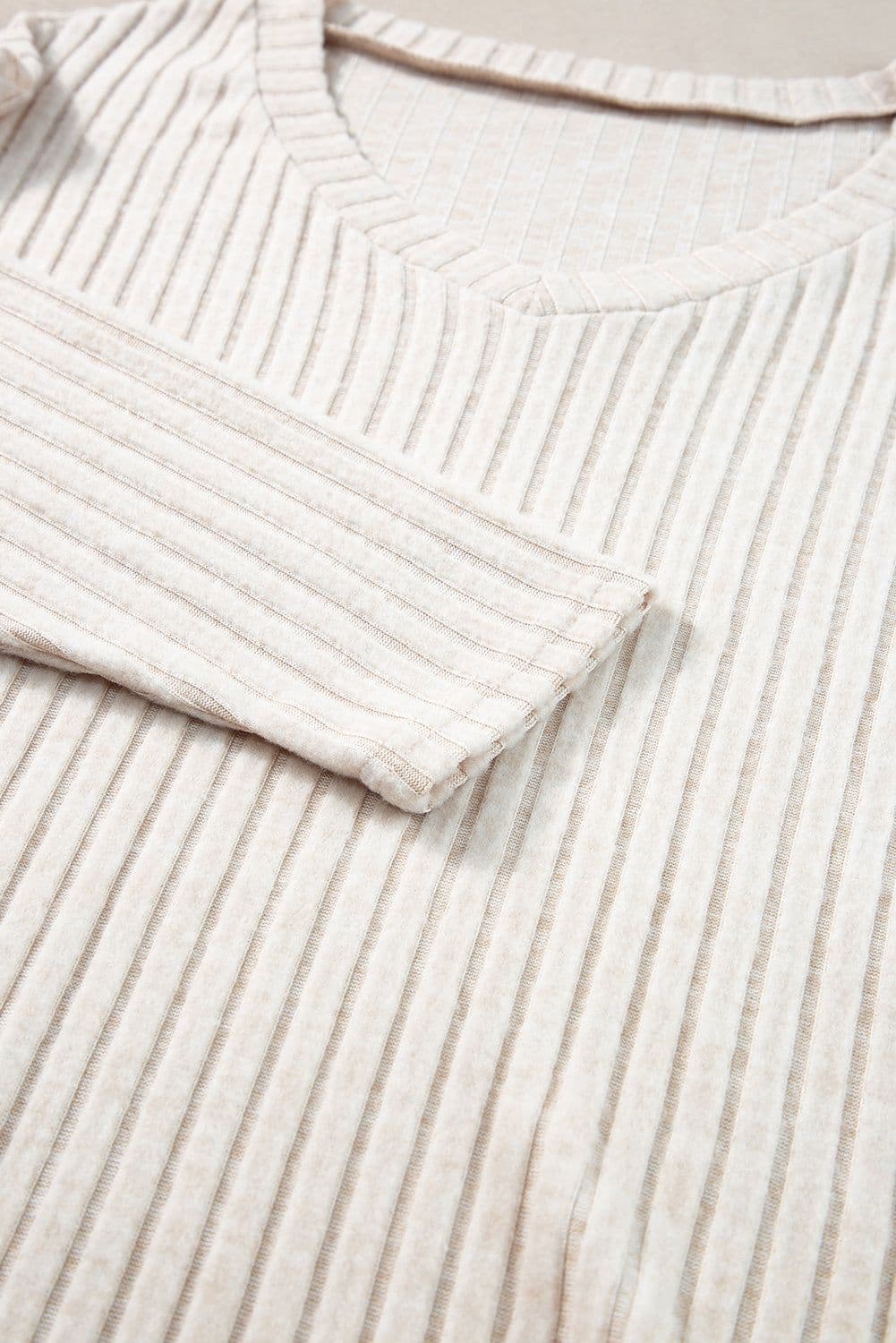 image-Ribbed Knit V Neck Slouchy Two-Piece Outfit - Khaki Modern Chic