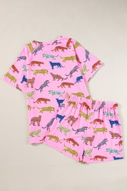 image-Pink Flower Print Short Sleeve High Waist Two Piece Shorts Set
