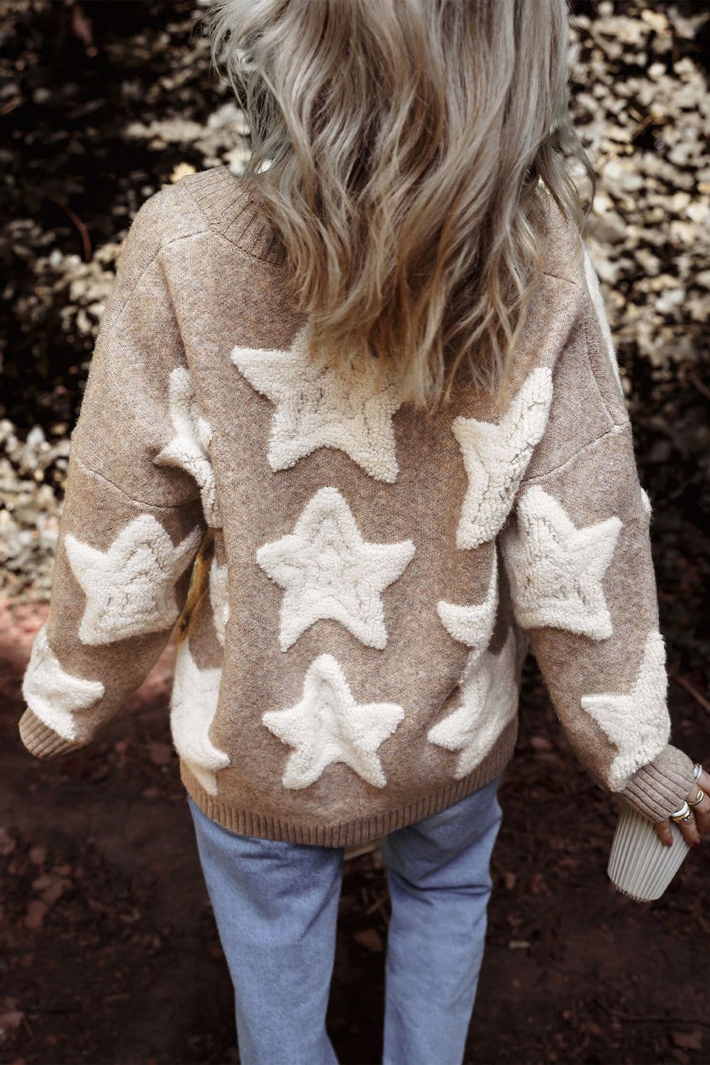 image-Sherpa Star Pattern Textured Cardigan - Khaki with Pockets