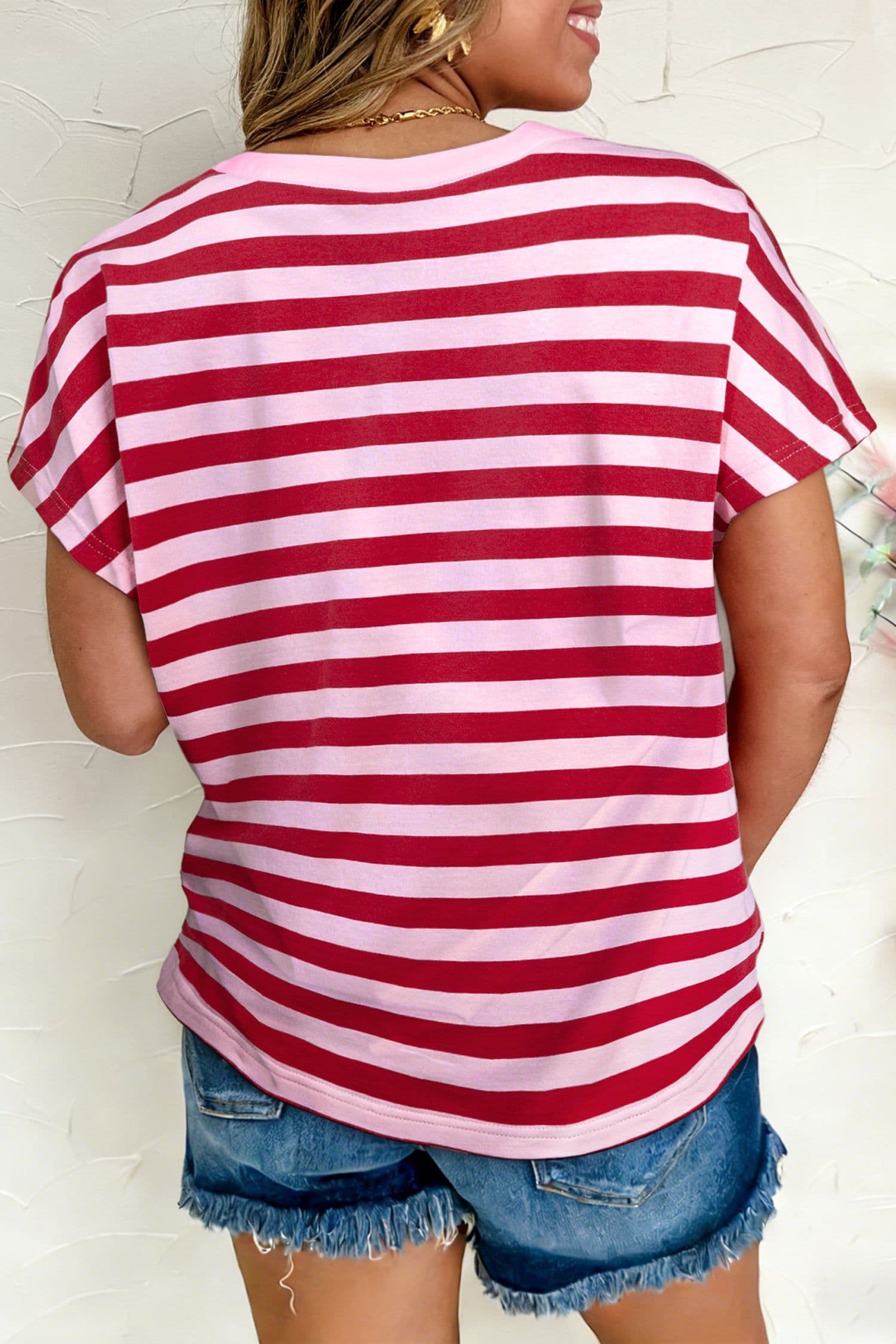 image-Pink Stripe Split V Neck T Shirt