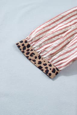 image-Pink Stripe Leopard Trim V Neck Button Down Shirt