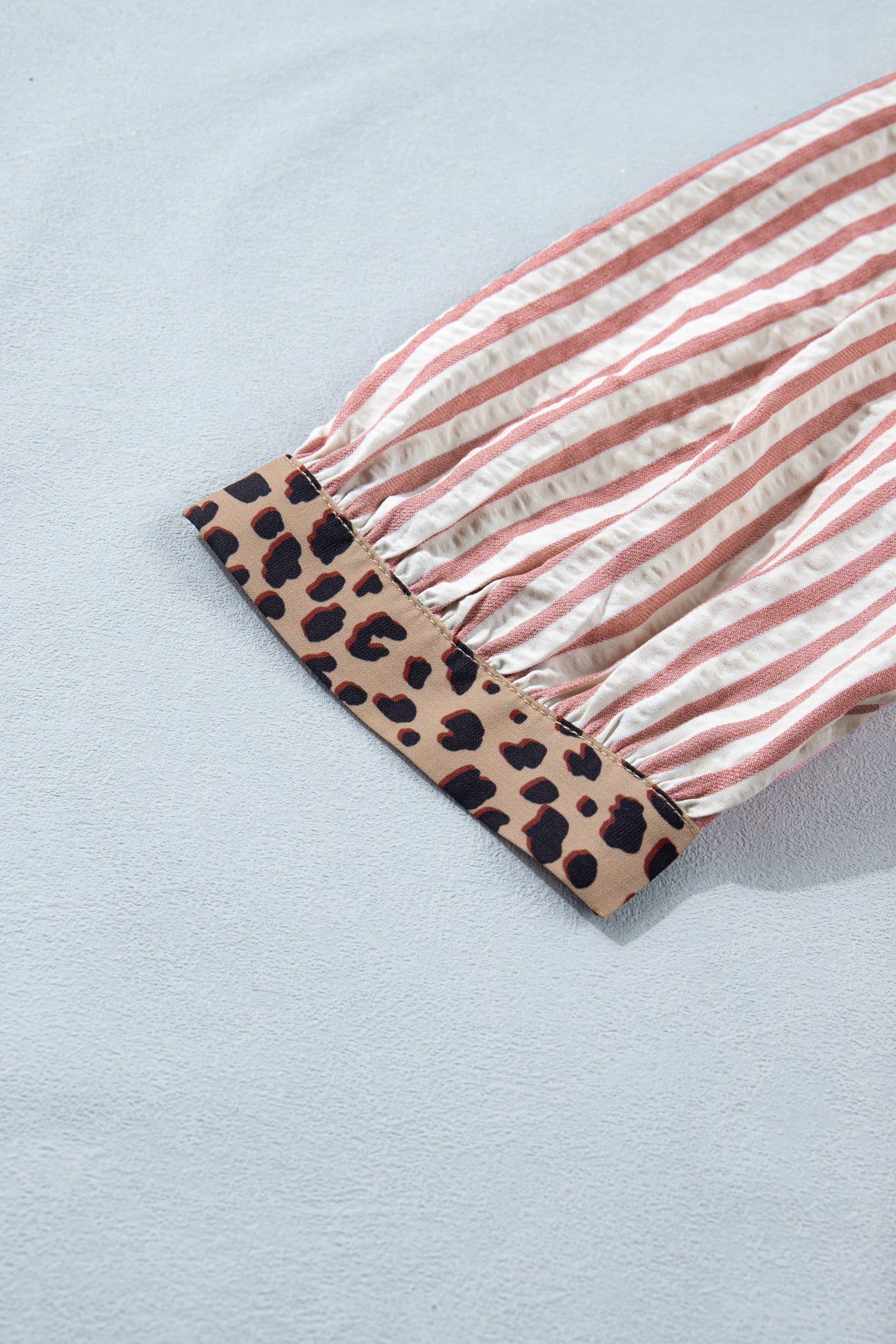 image-Pink Stripe Leopard Trim V Neck Button Down Shirt