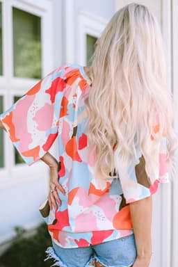 image-Multicolor Floral Print V Neck Half Sleeve Blouse