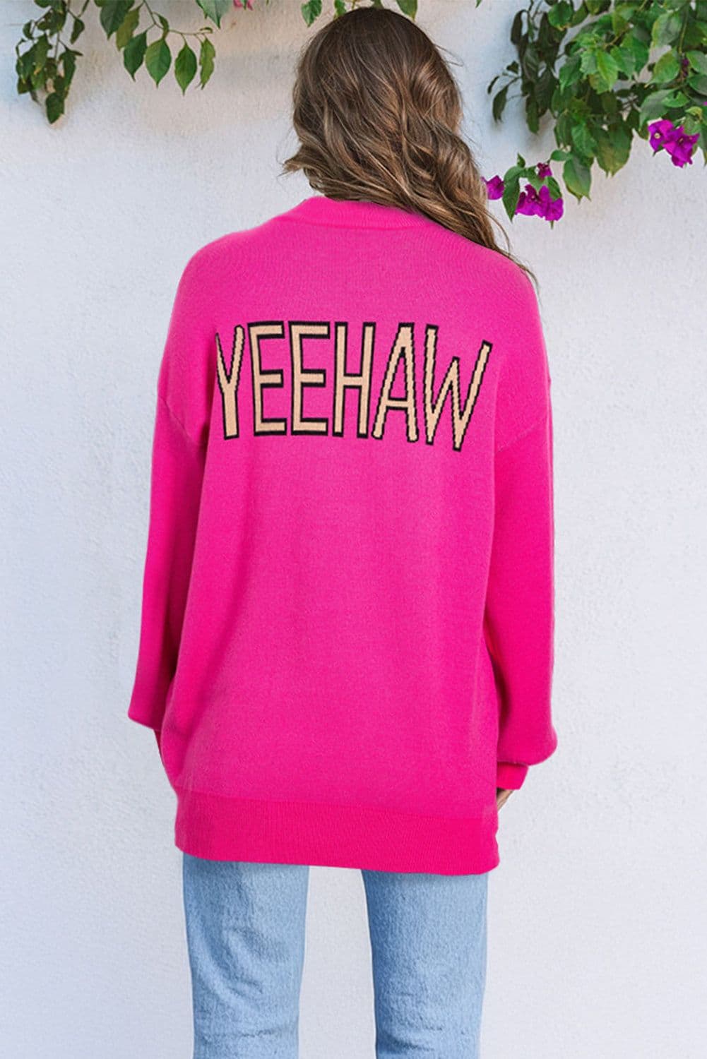 image-Cowboy Hat Graphic Rose Red Oversized Sweater - Drop Shoulder