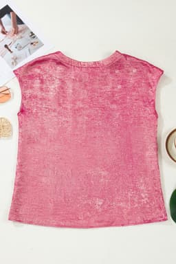 image-Bright Pink Metallic Round Neck Cap Sleeve Tee