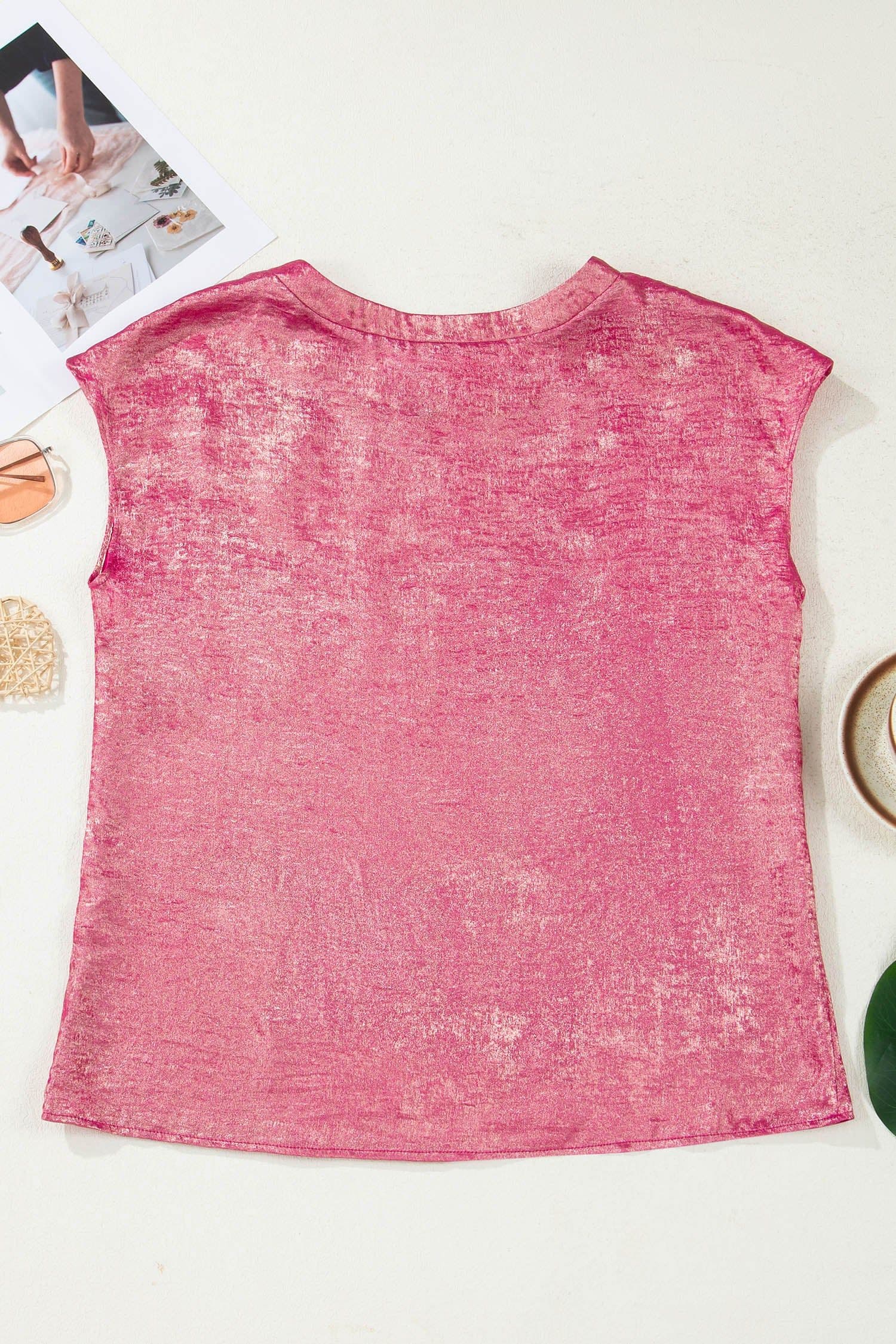 image-Bright Pink Metallic Round Neck Cap Sleeve Tee