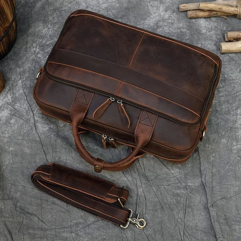 image-Retro Laptop Briefcase Bag Genuine Leather Handbags Casual 15.6" Business Bag Daily Working Tote Bags Men Male bag for documents