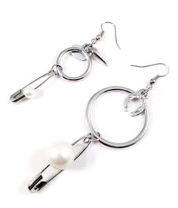 image-Silver safety pins and white pearls hoop earrings. Perfect for