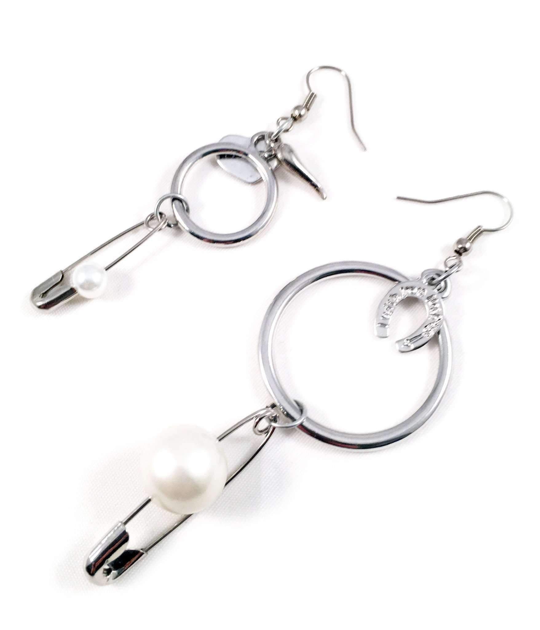 image-Silver safety pins and white pearls hoop earrings. Perfect for