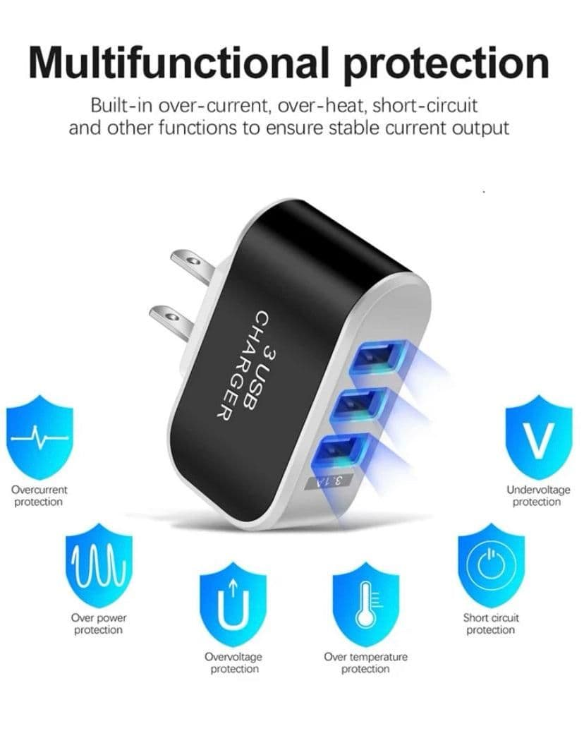 image-USB Wall Charger Plug Block Cube 3 Port Portable Fast Charger