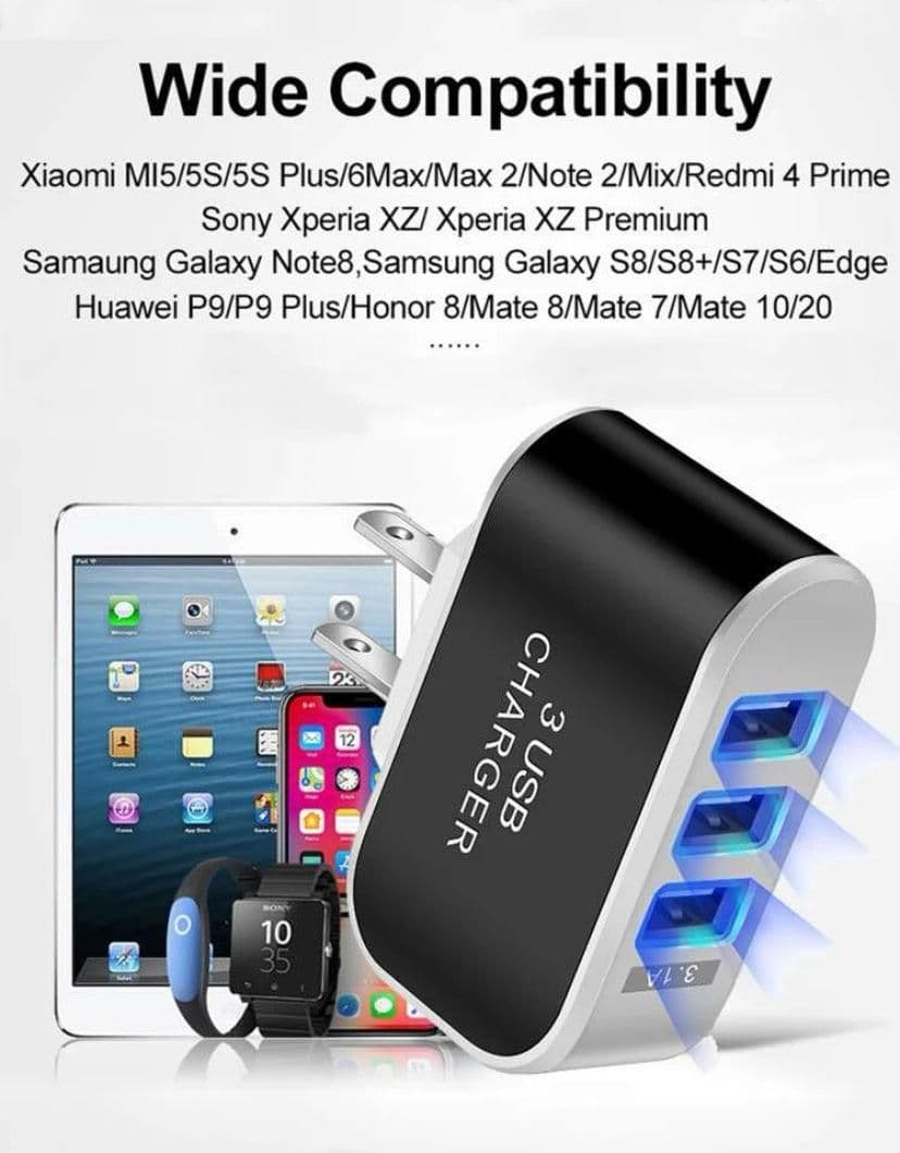 image-USB Wall Charger Plug Block Cube 3 Port Portable Fast Charger