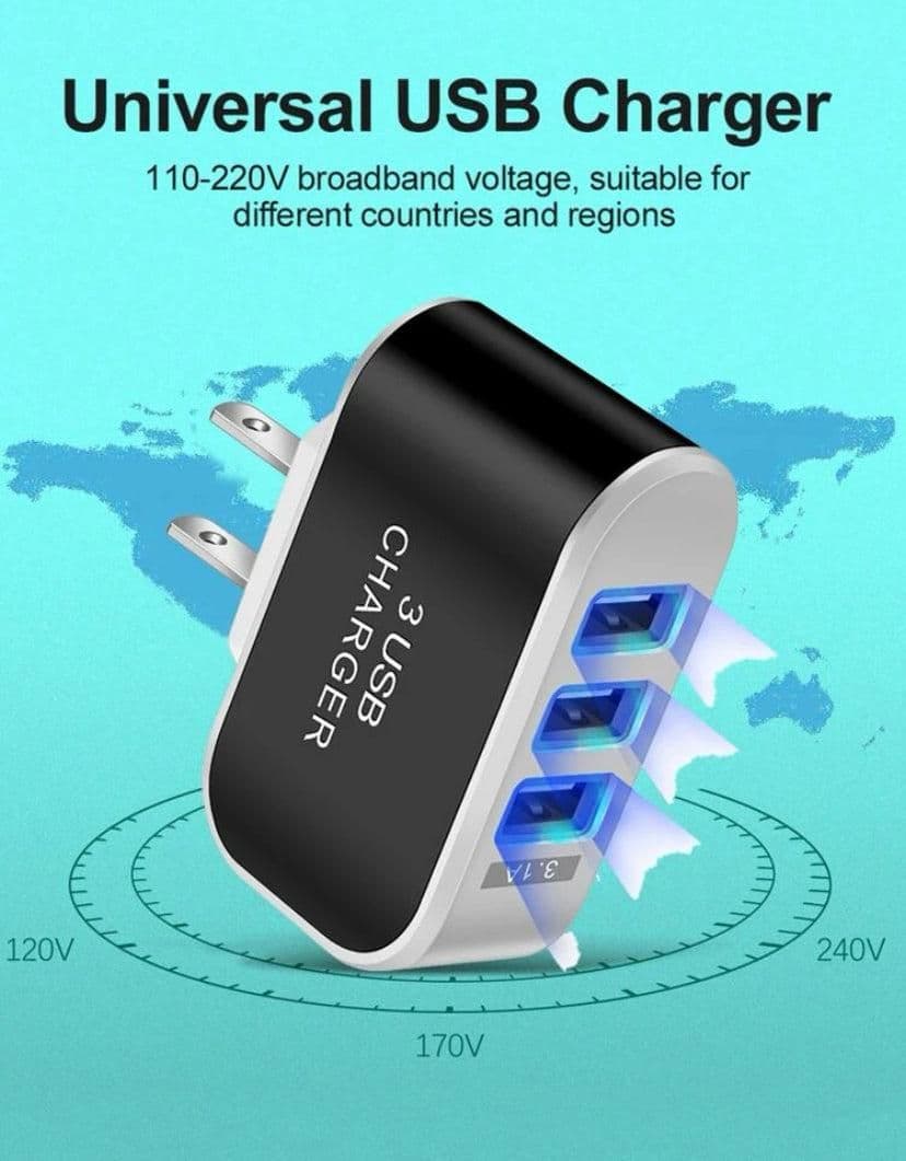 image-USB Wall Charger Plug Block Cube 3 Port Portable Fast Charger