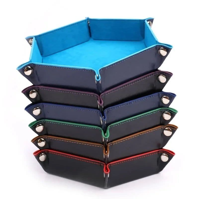 image-Rolling Folding Hexagon Dice Game Storage Tray Holder Double Sided Thick PU Leather&Velvet Dice Mat Office Supplies