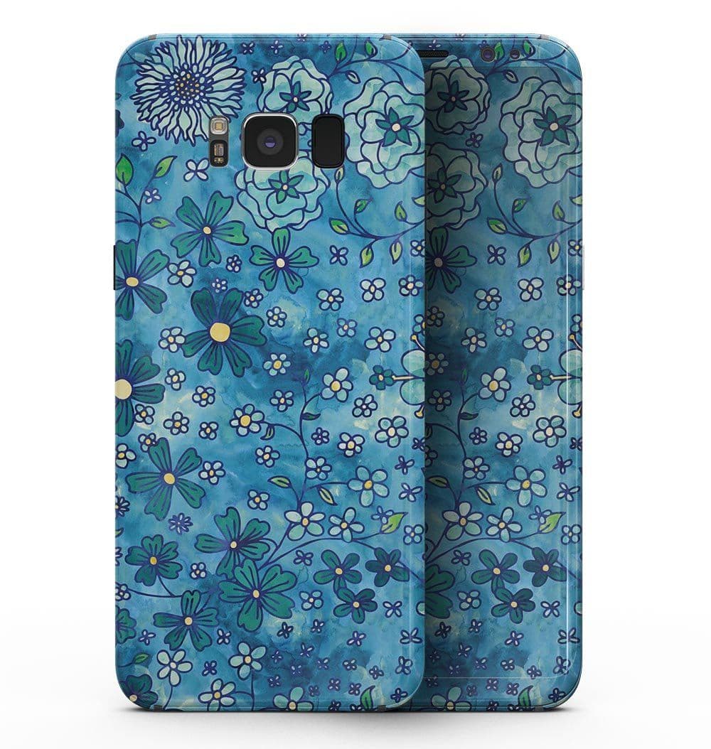 image-Floral Pattern on Blue Watercolor - Samsung Galaxy S8 Full-Body Skin