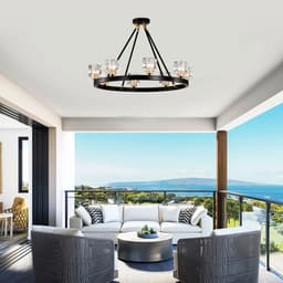 image-Matte Black + Gold Wagon Wheel Chandelier Farmhouse Modern Small Crystal Round Chandelier for Living Room Kitchen Island Foyer H